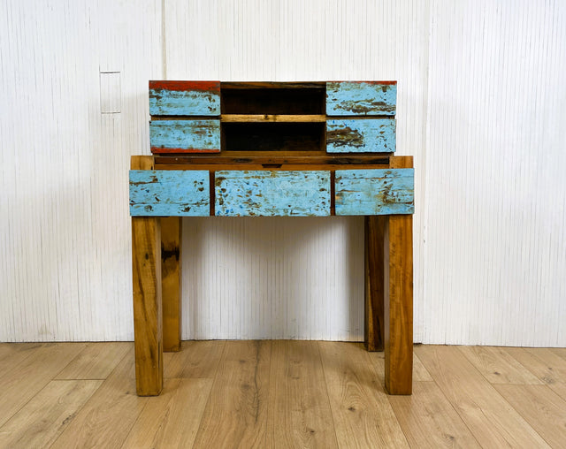 Boatwood by WMK # Schöner, meeresblauer Sekretär mit ausziehbarer Schreibplatte , ein aus altem Bootsholz handgefertigtes Unikat aus massivem Teakholz # Desk Schreibtisch Schreibschrank Konsole Loft