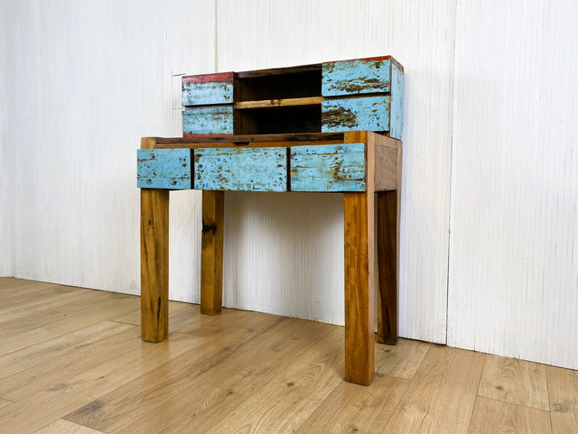 Boatwood by WMK # Schöner, meeresblauer Sekretär mit ausziehbarer Schreibplatte , ein aus altem Bootsholz handgefertigtes Unikat aus massivem Teakholz # Desk Schreibtisch Schreibschrank Konsole Loft