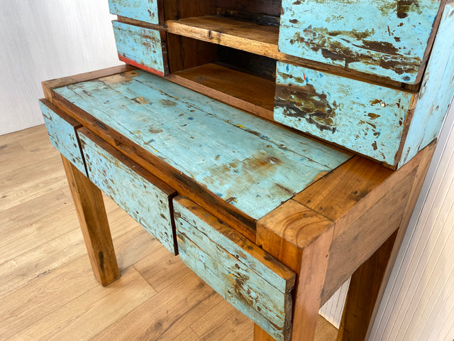 Boatwood by WMK # Schöner, meeresblauer Sekretär mit ausziehbarer Schreibplatte , ein aus altem Bootsholz handgefertigtes Unikat aus massivem Teakholz # Desk Schreibtisch Schreibschrank Konsole Loft