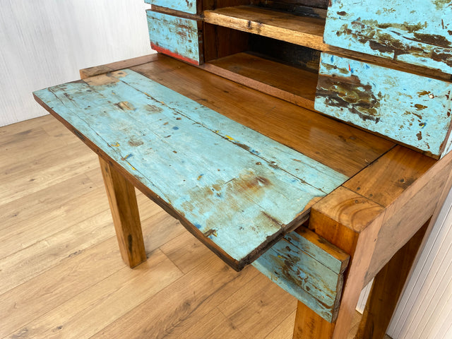 Boatwood by WMK # Schöner, meeresblauer Sekretär mit ausziehbarer Schreibplatte , ein aus altem Bootsholz handgefertigtes Unikat aus massivem Teakholz # Desk Schreibtisch Schreibschrank Konsole Loft