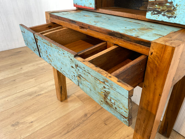 Boatwood by WMK # Schöner, meeresblauer Sekretär mit ausziehbarer Schreibplatte , ein aus altem Bootsholz handgefertigtes Unikat aus massivem Teakholz # Desk Schreibtisch Schreibschrank Konsole Loft