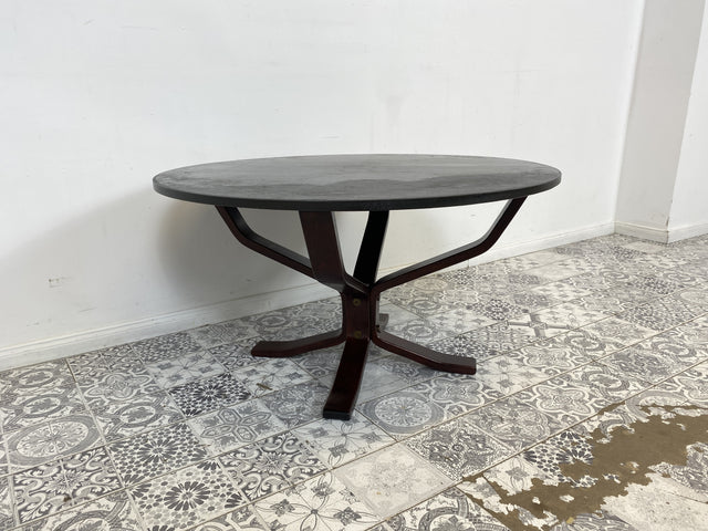 WMK Formschöner skandinavischer Designercouchtisch Falcon von Sigurd Ressel für Vatne Møbler mit seltener Tischplatte aus Schiefer # runder Couchtisch Wohnzimmertisch Coffee Table Vintage Mid-Century