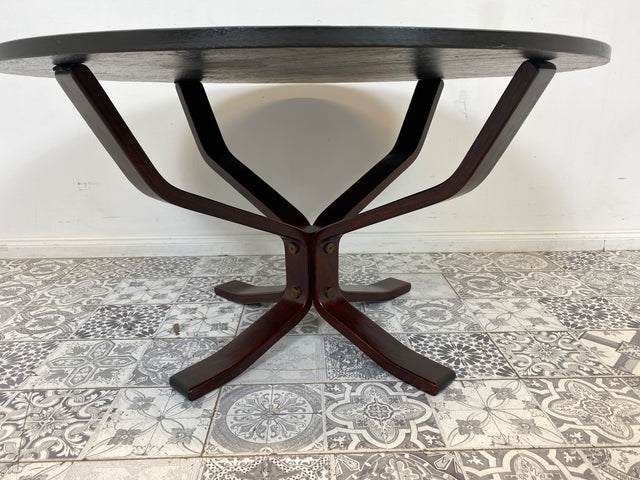 WMK Formschöner skandinavischer Designercouchtisch Falcon von Sigurd Ressel für Vatne Møbler mit seltener Tischplatte aus Schiefer # runder Couchtisch Wohnzimmertisch Coffee Table Vintage Mid-Century