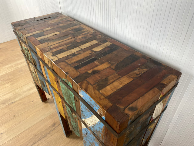 Boatwood by WMK # Kunstvolle Konsole (ohne Türen) aus altem Bootsholz, ein handgefertigtes Unikat aus massivem Teakholz # Flurkommode Podest  Ablage Blumenbank Beistelltisch Kunstwerk Art Upcycling