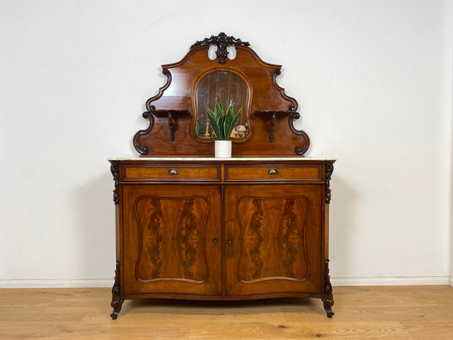 WMK Wunderschöne antike Spiegelanrichte aus vollem Holz mit Marmor Auflage (beschädigt), um 1850 # Halbschrank Anrichte Marmorkommode Schrank Spiegelschrank Kommode Büfett Buffet Biedermeier Vintage