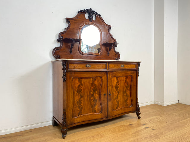 WMK Wunderschöne antike Spiegelanrichte aus vollem Holz mit Marmor Auflage (beschädigt), um 1850 # Halbschrank Anrichte Marmorkommode Schrank Spiegelschrank Kommode Büfett Buffet Biedermeier Vintage