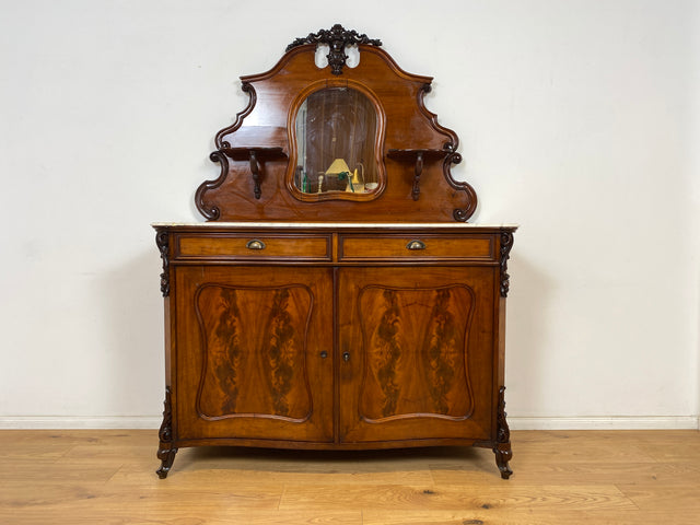 WMK Wunderschöne antike Spiegelanrichte aus vollem Holz mit Marmor Auflage (beschädigt), um 1850 # Halbschrank Anrichte Marmorkommode Schrank Spiegelschrank Kommode Büfett Buffet Biedermeier Vintage