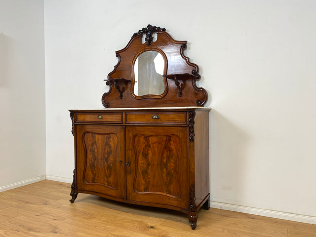 WMK Wunderschöne antike Spiegelanrichte aus vollem Holz mit Marmor Auflage (beschädigt), um 1850 # Halbschrank Anrichte Marmorkommode Schrank Spiegelschrank Kommode Büfett Buffet Biedermeier Vintage