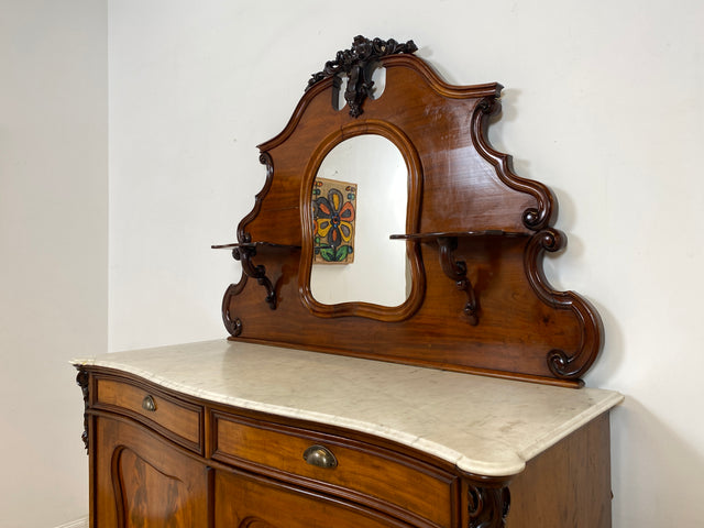 WMK Wunderschöne antike Spiegelanrichte aus vollem Holz mit Marmor Auflage (beschädigt), um 1850 # Halbschrank Anrichte Marmorkommode Schrank Spiegelschrank Kommode Büfett Buffet Biedermeier Vintage