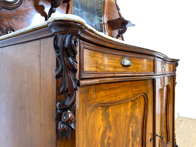 WMK Wunderschöne antike Spiegelanrichte aus vollem Holz mit Marmor Auflage (beschädigt), um 1850 # Halbschrank Anrichte Marmorkommode Schrank Spiegelschrank Kommode Büfett Buffet Biedermeier Vintage