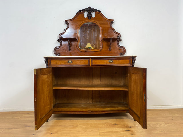 WMK Wunderschöne antike Spiegelanrichte aus vollem Holz mit Marmor Auflage (beschädigt), um 1850 # Halbschrank Anrichte Marmorkommode Schrank Spiegelschrank Kommode Büfett Buffet Biedermeier Vintage