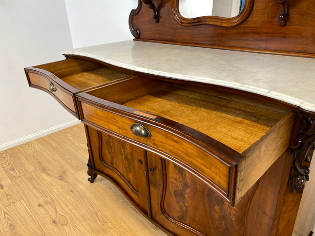 WMK Wunderschöne antike Spiegelanrichte aus vollem Holz mit Marmor Auflage (beschädigt), um 1850 # Halbschrank Anrichte Marmorkommode Schrank Spiegelschrank Kommode Büfett Buffet Biedermeier Vintage