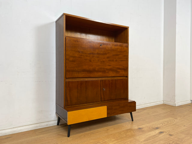 WMK Stilvoller und sehr gut erhaltener Mid-Century Schrank aus 1960, Vollholz Korpus auf neuen Metallfüßen # Highboard Schreibschrank Sekretär Barschrank Wäscheschrank Sideboard DDR Vintage Hairpin