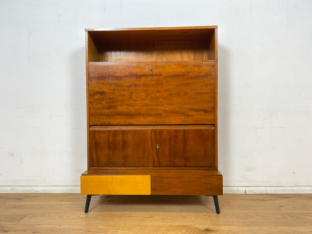 WMK Stilvoller und sehr gut erhaltener Mid-Century Schrank aus 1960, Vollholz Korpus auf neuen Metallfüßen # Highboard Schreibschrank Sekretär Barschrank Wäscheschrank Sideboard DDR Vintage Hairpin