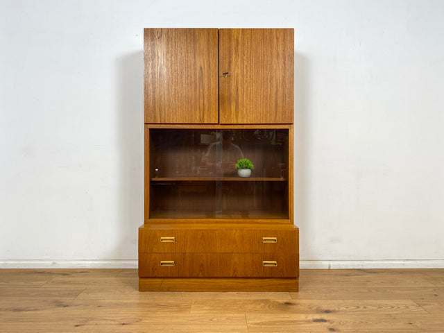 WMK Hochwertiger und sehr gut erhaltener Retro Highboard , Vollholz in Teak , aus 1973 von Brumax mit Schubladen & Vitrine # Schrank Bücherschrank Wohnzimmerschrank Kommode Vintage Teakholz 60er 70er