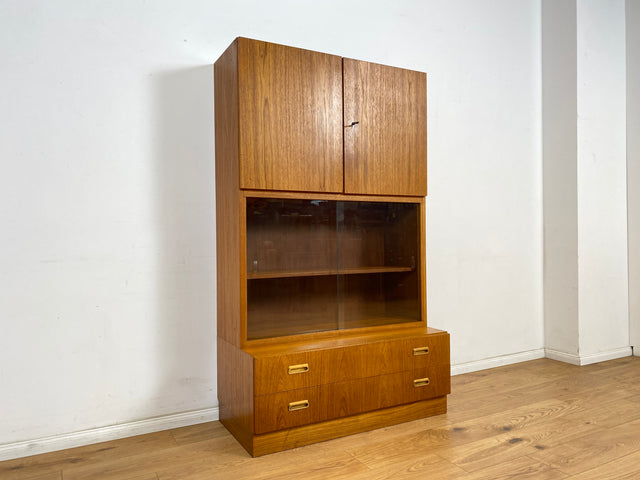 WMK Hochwertiger und sehr gut erhaltener Retro Highboard , Vollholz in Teak , aus 1973 von Brumax mit Schubladen & Vitrine # Schrank Bücherschrank Wohnzimmerschrank Kommode Vintage Teakholz 60er 70er