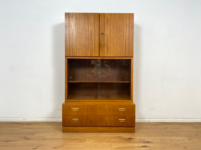 WMK Hochwertiger und sehr gut erhaltener Retro Highboard , Vollholz in Teak , aus 1973 von Brumax mit Schubladen & Vitrine # Schrank Bücherschrank Wohnzimmerschrank Kommode Vintage Teakholz 60er 70er