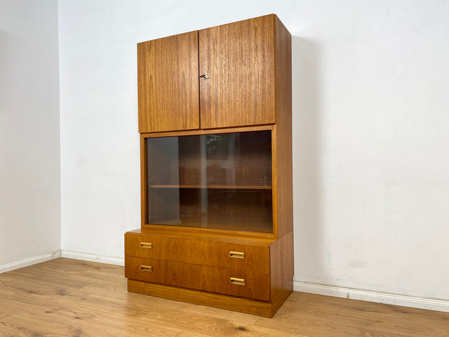 WMK Hochwertiger und sehr gut erhaltener Retro Highboard , Vollholz in Teak , aus 1973 von Brumax mit Schubladen & Vitrine # Schrank Bücherschrank Wohnzimmerschrank Kommode Vintage Teakholz 60er 70er