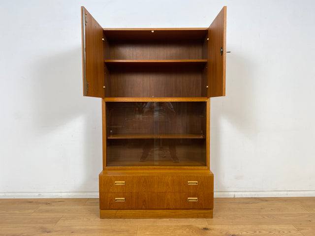 WMK Hochwertiger und sehr gut erhaltener Retro Highboard , Vollholz in Teak , aus 1973 von Brumax mit Schubladen & Vitrine # Schrank Bücherschrank Wohnzimmerschrank Kommode Vintage Teakholz 60er 70er