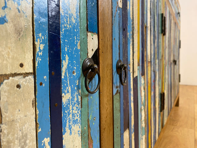 Boatwood by WMK # Colorful and detailed sideboard with drawers, a unique piece handcrafted from old boat wood made of solid teak # Chest of drawers, cupboard, sideboard, hallway chest of drawers, boat furniture, teak