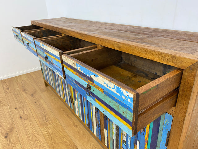 Boatwood by WMK # Colorful and detailed sideboard with drawers, a unique piece handcrafted from old boat wood made of solid teak # Chest of drawers, cupboard, sideboard, hallway chest of drawers, boat furniture, teak