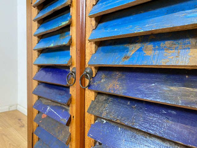 Boatwood by WMK # Sea blue chest of drawers with louvre doors, a unique piece handcrafted from old boat wood made of solid teak wood # Cabinet Shoe cabinet Shoe cupboard Sideboard Laundry chest Hallway chest of drawers