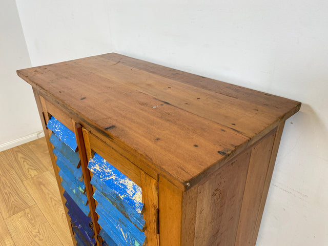 Boatwood by WMK # Sea blue chest of drawers with louvre doors, a unique piece handcrafted from old boat wood made of solid teak wood # Cabinet Shoe cabinet Shoe cupboard Sideboard Laundry chest Hallway chest of drawers