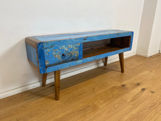 Boatwood by WMK # Meeresblaues Sideboard mit Schublade , ein aus altem Bootsholz handgefertigtes Unikat aus massivem Teakholz # blaue Kommode TV-Lowboard Lowboard TV-Bank Fernsehkommode Fernsehschrank