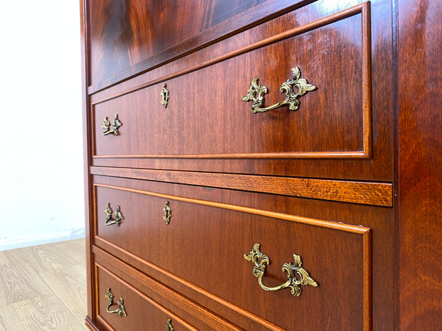 WMK Vornehmer und sehr gut erhaltener Vintage Sekretär in antikem Stil aus Vollholz in edlem Mahagoni mit feinen Messinggriffen # Schreibschrank Schreibtisch Highboard Schrank Desk Biedermeier Vintage