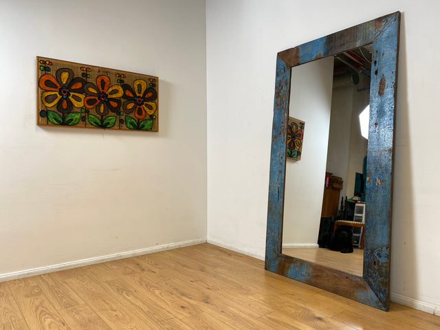 Boatwood by WMK I Meeresblauer 100x200cm großer Spiegel I handgefertigtes Unikat aus altem Bootsholz in Originalfarbe I Wandspiegel Standspiegel Ganzkörperspiegel Flurspiegel Garderobe Berlin Hof Ulm