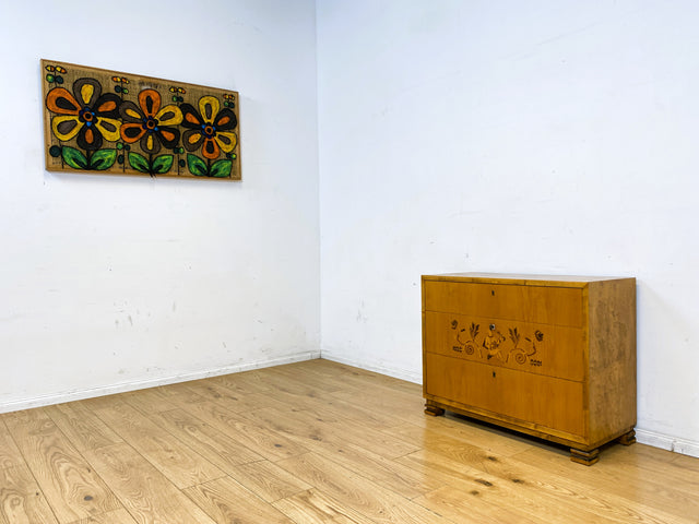 Besonders schöne helle skandinavische Art Deco Kommode aus vollem Holz mit Schubladen und Intarsien I Schubladenkommode Wäschekommode Sideboard Schrank Antik Vintage I