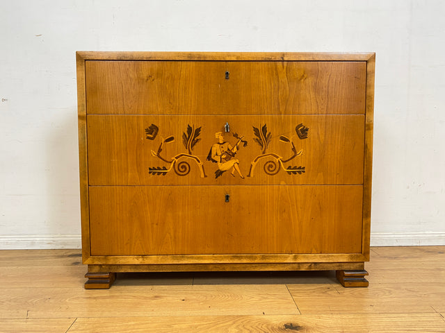 Besonders schöne helle skandinavische Art Deco Kommode aus vollem Holz mit Schubladen und Intarsien I Schubladenkommode Wäschekommode Sideboard Schrank Antik Vintage I