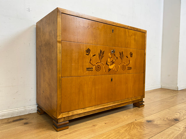 Besonders schöne helle skandinavische Art Deco Kommode aus vollem Holz mit Schubladen und Intarsien I Schubladenkommode Wäschekommode Sideboard Schrank Antik Vintage I