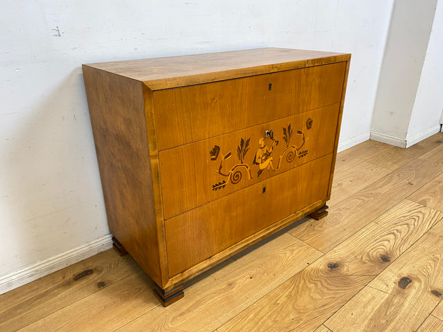 Besonders schöne helle skandinavische Art Deco Kommode aus vollem Holz mit Schubladen und Intarsien I Schubladenkommode Wäschekommode Sideboard Schrank Antik Vintage I