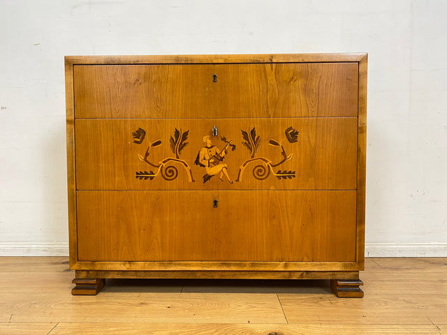 Besonders schöne helle skandinavische Art Deco Kommode aus vollem Holz mit Schubladen und Intarsien I Schubladenkommode Wäschekommode Sideboard Schrank Antik Vintage I