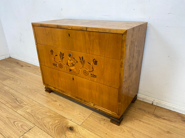Besonders schöne helle skandinavische Art Deco Kommode aus vollem Holz mit Schubladen und Intarsien I Schubladenkommode Wäschekommode Sideboard Schrank Antik Vintage I