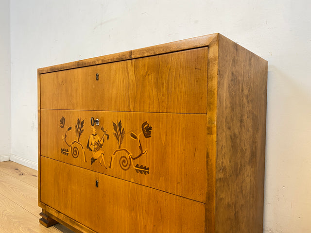 Besonders schöne helle skandinavische Art Deco Kommode aus vollem Holz mit Schubladen und Intarsien I Schubladenkommode Wäschekommode Sideboard Schrank Antik Vintage I
