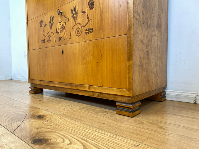 Besonders schöne helle skandinavische Art Deco Kommode aus vollem Holz mit Schubladen und Intarsien I Schubladenkommode Wäschekommode Sideboard Schrank Antik Vintage I