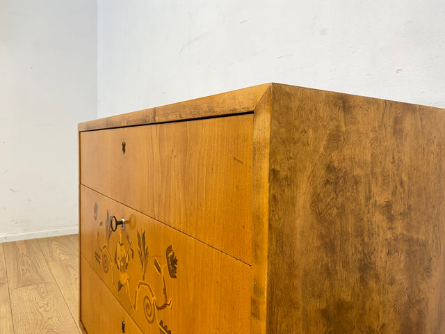 Besonders schöne helle skandinavische Art Deco Kommode aus vollem Holz mit Schubladen und Intarsien I Schubladenkommode Wäschekommode Sideboard Schrank Antik Vintage I