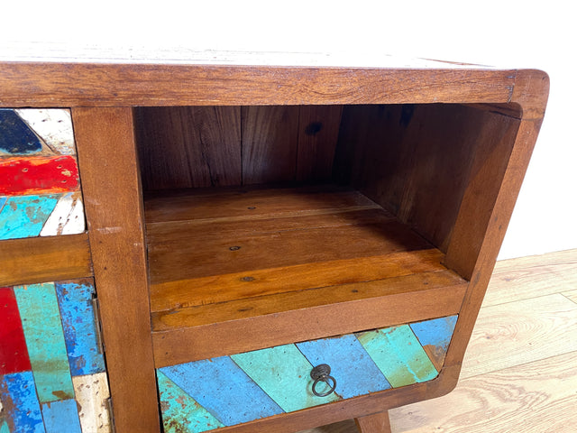 Boatwood by WMK I Formschönes nachhaltiges TV Lowboard mit Schubladen I handgefertigtes Unikat aus altem Bootsholz I Teakholz massiv I Kommode Sideboard Bank Rack Fernsehkommode Berlin Rostock Bayern