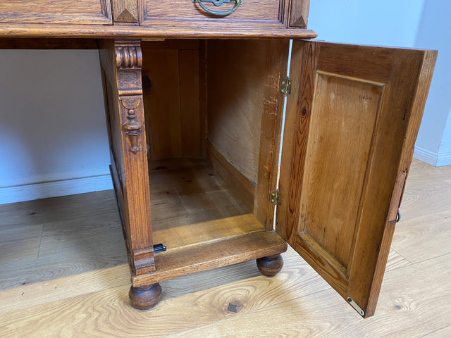 WMK Imposanter antiker Aufsatzschreibtisch aus massiver Eiche mit ausziehbarer, lederbezogener Schreibplatte & schönen Holzapplikationen  # Schreibtisch Arbeitstisch Desk Sekretär Gründerzeit Vintage