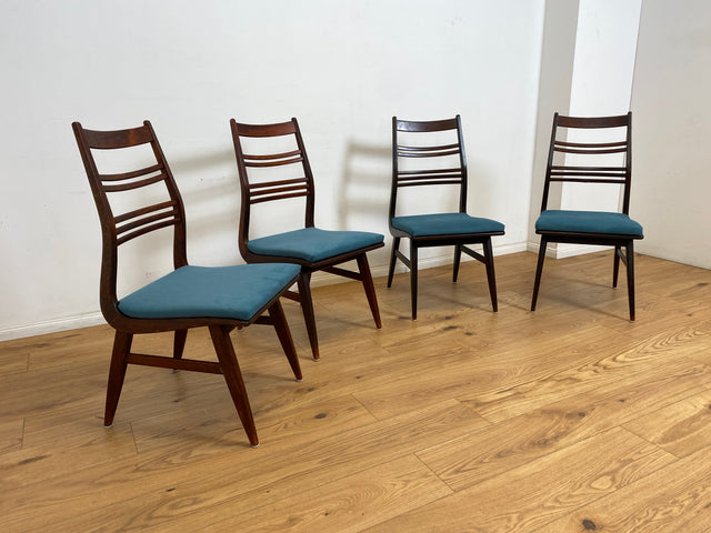 WMK Set aus 4 besonders schönen und sehr gut erhaltenen Mid-Century Esszimmerstühlen mit neuem petrol blauem Bezug # Stühle Küchenstühle Holzstühle Strebenstühle Dinining Chairs Vintage 60er Retro