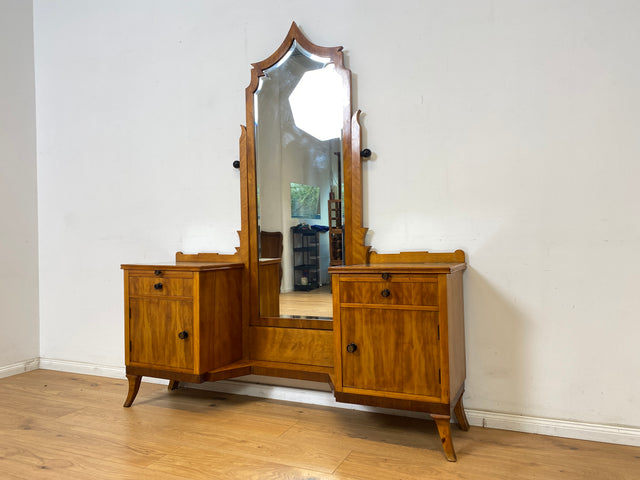 WMK Wunderschöne, detailreiche und gut erhaltene antike Spiegelkommode aus vollem Holz mit originalem Ganzkörperspiegel # Frisierkommode Schminkkommode Schminktisch Kommode Garderobe Art Deco Vintage