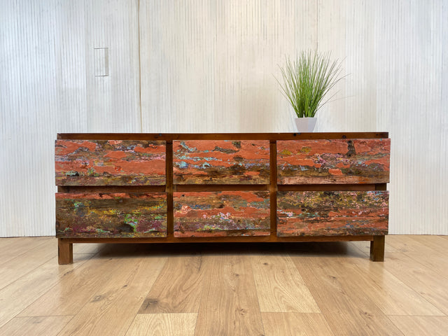 Boatwood by WMK # Besonderes Lowboard mit Schubladen , ein aus altem Bootsholz handgefertigtes Unikat aus massivem Teakholz # Kommode Sideboard TV-Lowboard TV Board Fernsehkommode Schubladenkommode