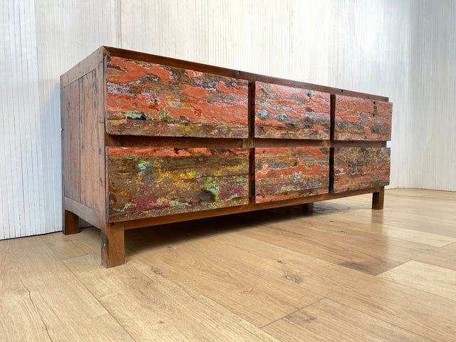 Boatwood by WMK # Besonderes Lowboard mit Schubladen , ein aus altem Bootsholz handgefertigtes Unikat aus massivem Teakholz # Kommode Sideboard TV-Lowboard TV Board Fernsehkommode Schubladenkommode