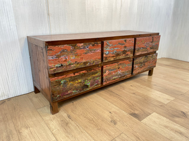 Boatwood by WMK # Besonderes Lowboard mit Schubladen , ein aus altem Bootsholz handgefertigtes Unikat aus massivem Teakholz # Kommode Sideboard TV-Lowboard TV Board Fernsehkommode Schubladenkommode