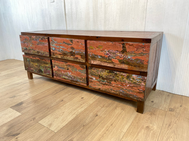 Boatwood by WMK # Besonderes Lowboard mit Schubladen , ein aus altem Bootsholz handgefertigtes Unikat aus massivem Teakholz # Kommode Sideboard TV-Lowboard TV Board Fernsehkommode Schubladenkommode