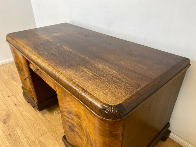 WMK Ein Schmuckstück! Imposanter & gut erhaltener antiker Schreibtisch aus vollem Holz in edlem Wurzeholz mit Schubladen # Arbeitstisch Bürotisch Desk Cheftisch Echtholzfurnier Art Deco Vintage 30er