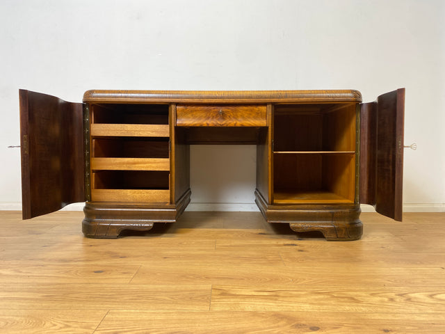 WMK Ein Schmuckstück! Imposanter & gut erhaltener antiker Schreibtisch aus vollem Holz in edlem Wurzeholz mit Schubladen # Arbeitstisch Bürotisch Desk Cheftisch Echtholzfurnier Art Deco Vintage 30er