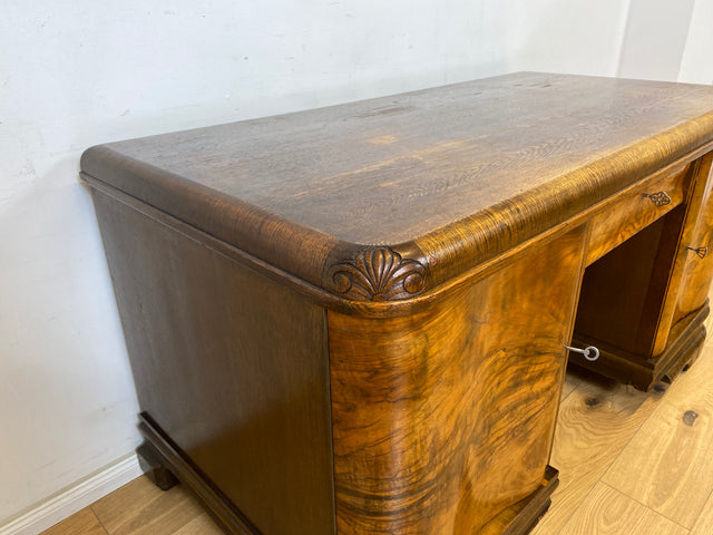 WMK Ein Schmuckstück! Imposanter & gut erhaltener antiker Schreibtisch aus vollem Holz in edlem Wurzeholz mit Schubladen # Arbeitstisch Bürotisch Desk Cheftisch Echtholzfurnier Art Deco Vintage 30er